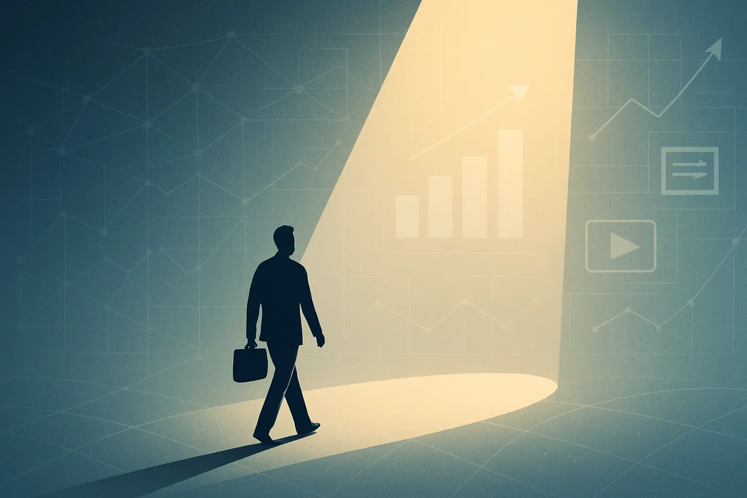 llustration of a business figure emerging from darkness into a spotlight, symbolizing the journey from invisibility to influence through strategic content.
